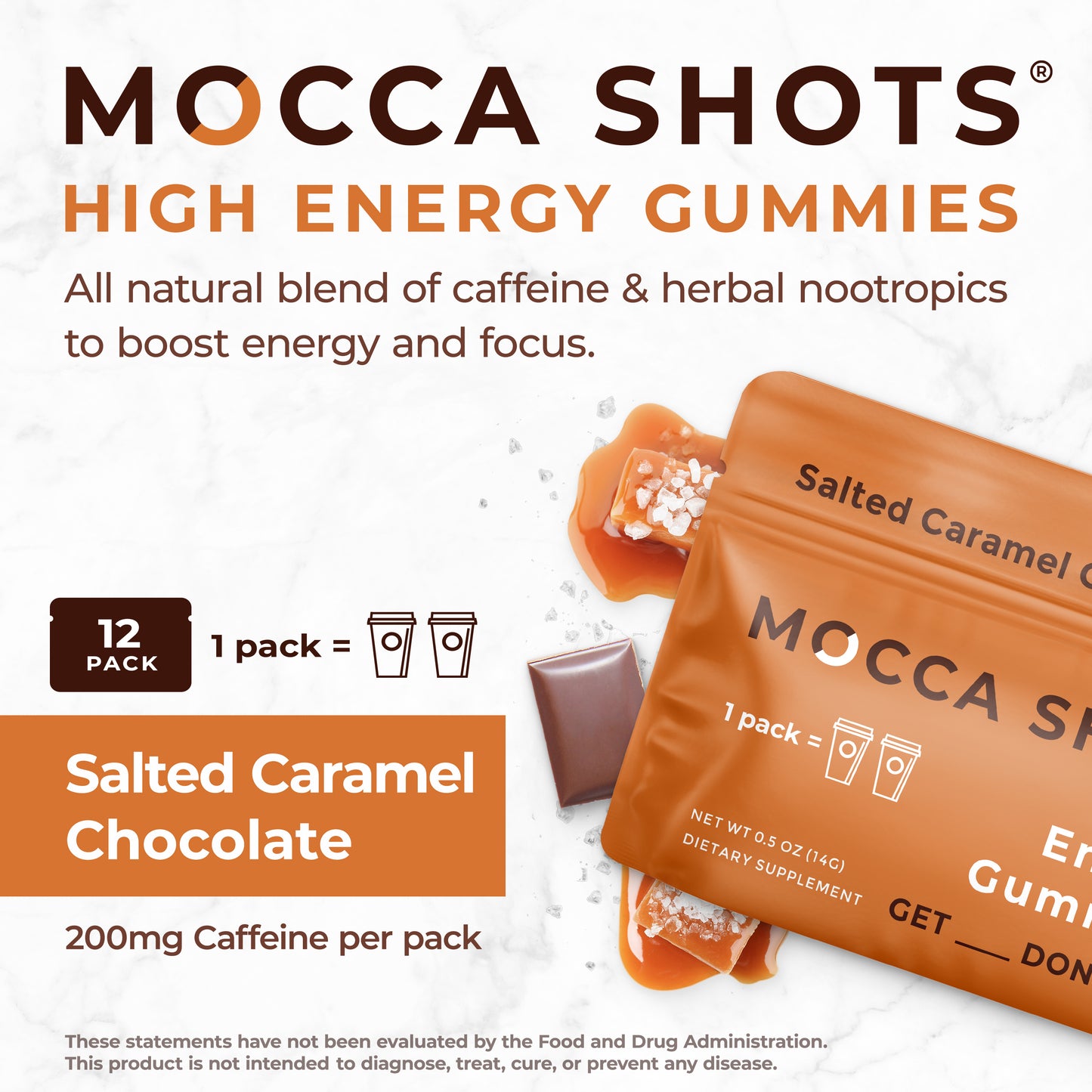 Mocca Shots Energy Gummies with Caffeine Salted Caramel (12-Pack/1 pack 4 days)